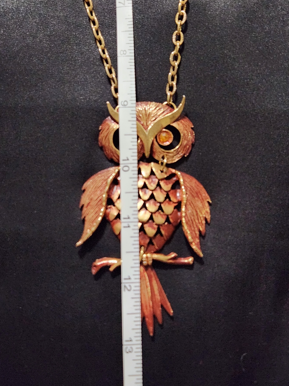 Vintage 1970s Enamel Articulated Owl Pendant Necklace Amber Rhinestone Eyes - Picture 4 of 5